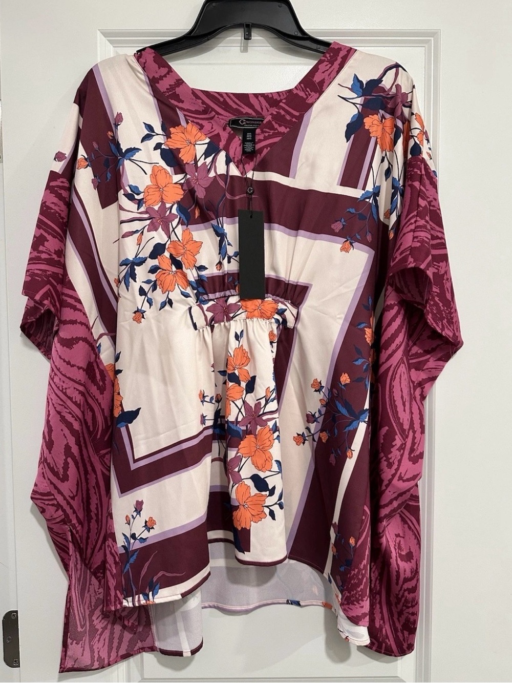 C. Wonder Maroon, Cream & Orange Floral V-Neck Blouse Lightweight NWT Size M/L